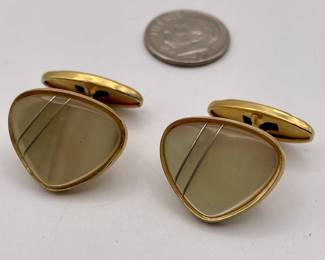 Pair of cufflinks, gold tone metal, agate style stones with thin silver wires