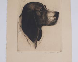 Josef Nuyttens (1885 - 1960) original pencil signed etching of a dog. Signed and dated in pencil "Nuyttens-40" lower right. Titled in pencil "Dick" lower left. 