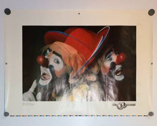 Printed poster of clown photos for Minolta 50th anniversary