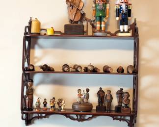 Carved wooden wall display rack, European  wooden figurines, figural cork bottle tops