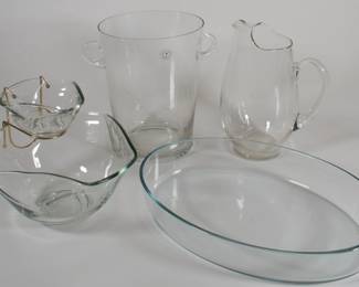 Vintage Toscany hand blown glass serving pieces including ice bucket, pitcher, oval dish, and small and large bowl set with metal holder