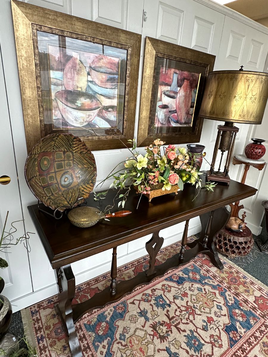 Jacobean sofa or serving table with signed pottery bowl, and antique steam whistle lamp with brass drum shade  