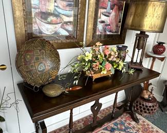 Jacobean sofa or serving table with signed pottery bowl, and antique steam whistle lamp with brass drum shade