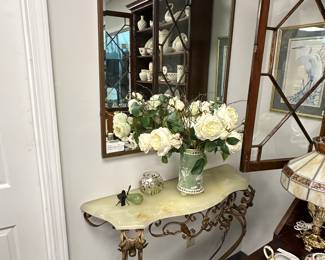 Mid century wrought iron & marble top entry table with matching mirror