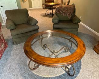 Century Accent chairs, Glass, Wood and Metal Coffee Table