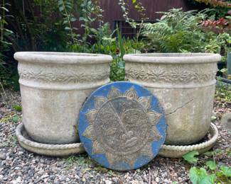 Two composite planters & stepping stone 