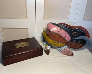 Wooden box, tin blow fish 