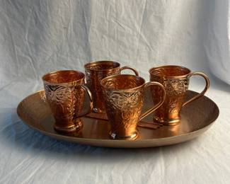 Floral Engraved Kamojo And Floor 9 Tray Copper Set