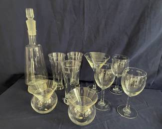 Fish motif glasses, decanter, shrimp bowls 