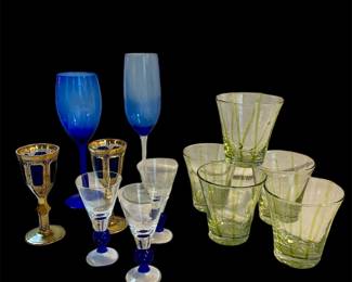 Green stripped drinking glasses, blue glass bar ware 