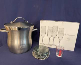 Calphalon ice bucket, wine glasses, coasters 