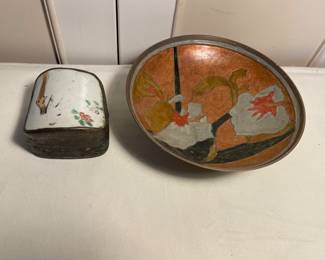 Brass & enamel bowl, trinket box 