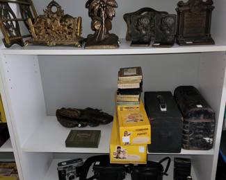 brass bookend sets, vintage cameras, etc...