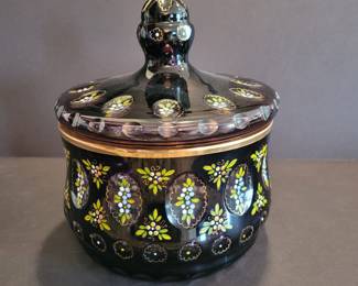 Purple enameled glass lidded bowl