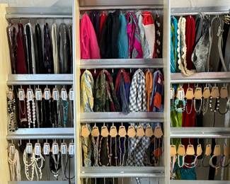 Jewelry, scarfs, ties & belts.  All jewelry is cleaned with a heated ultrasonic professional machine prior to bagging or tagging.  