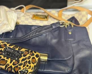 Designer handbags: A collection of luxury bags including a Coach navy leather bag and a Louis Vuitton checkered pattern bag, a Hello Kitty leopard print wallet and more.