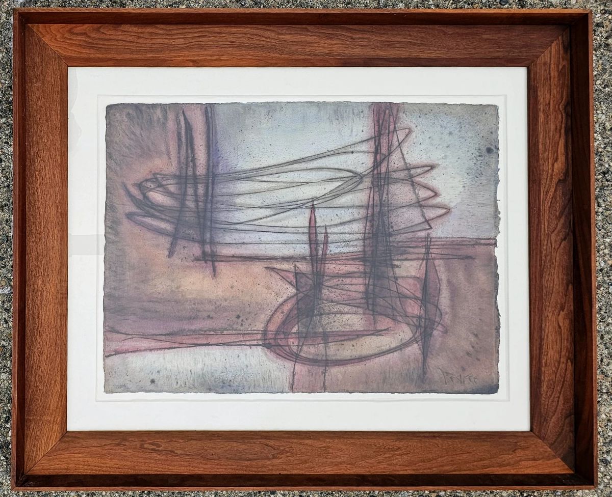 22 x 30 watercolor and mixed media on paper. Signed "Peake". Sits in a custom made solid walnut frame