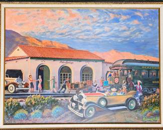 Eugene Clay 30 x 40 "Palm Springs Station" oil on board dayed 1980.