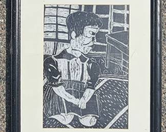 Woodblock print by a Japanese 5th grader. Circa 1960s. Therw is a nice collection of these wood cuts.