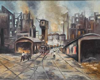 30 x 40 1940s industrial oil on canvas. Signed "Budlian"?