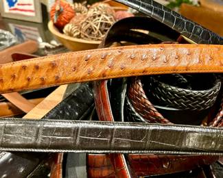 LOTS OF MEN'S LEATHER BELTS. OSTRICH, GATOR.