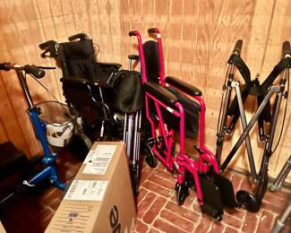 GOOD ASSORTMENT OF ROLLING WALKERS, CANES, WHEELCHAIRS, AND SCOOTER.