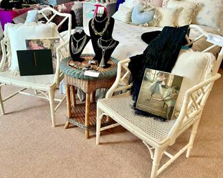 THESE CANED BAMBOO CHAIRS ARE SO STYLISH AND CHIC. WE HAVE ANOTHER PAIR ON THE PATIO-AS IS.