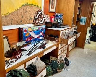 MEN'S OFFICE WITH MILITARIA, MASAI WARRIOR SPEARS, VINYLS.