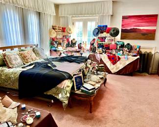 MASTER BEDROOM WITH LARGE CLOSET, HANDBAGS, TONS OF COSTUME JEWELRY, SCARVES, AND SHOES.