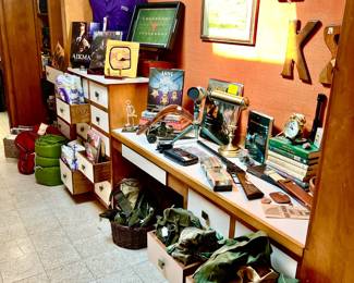 MEN'S OFFICE AREA WITH MILITARIA, VINYLS, WESTERN, AND FOOTBALL!