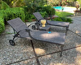 QUALITY WROUGHT IRON CHAISE LOUNGE CHAIRS AND TABLE.