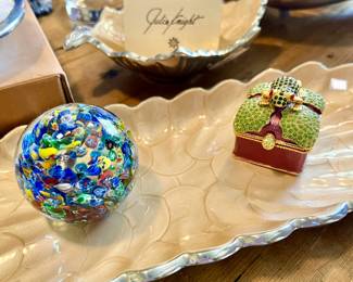 JULIA KNIGHT ENAMELED BOWLS AND PLATTERS. RICCINI TRINKET BOX. MURANO PAPERWEIGHT.