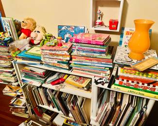 Entire Collections of Berenstain Bears Books with stuffed animals and toys, Muppets Books and stuffed animals (Rare), Dr Seuss books stuffed animals (SO MANY) TOYs and decorations ( Rare), Children’s books with shelves.