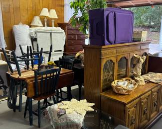 Kitchen set, dining room, suitcase, wall decor, lamps, wicker bedroom set