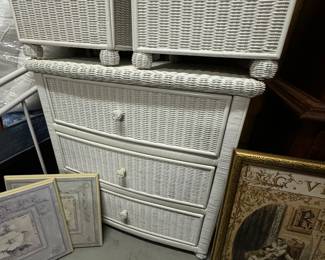 White. wicker bedroom furniture includes dresser, 2 night stands and mirror