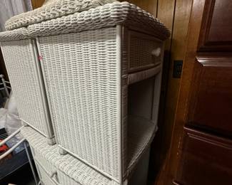 White. wicker bedroom furniture includes dresser, 2 night stands and mirror