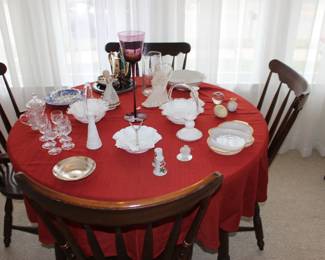 Table and Chairs, Fenton Baskets, Mary Jesus Figurine, Etched Pitcher