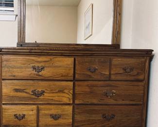 Vintage Oak 6 Drawer Dresser w/Mirror. H 32" x W 52" x D17"