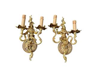 Rococo Brass Sconces featuring a Female Male Figures from Metropolitan, Pair