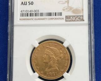 1881 $10 AU50 GOLD LIBERTY HEAD