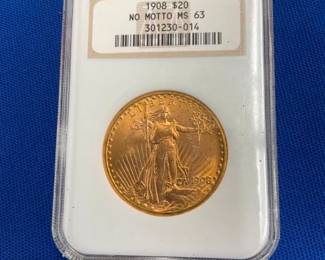1908 $20 GOLD MS 63 NO MOTTO