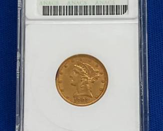 1902 S $5 AU58 GOLD LIBERTY HEAD
