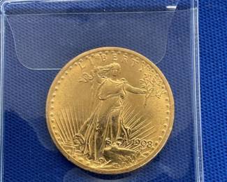 1908 MS63 $20 GOLD ST. GAUDENS NO MOTTO