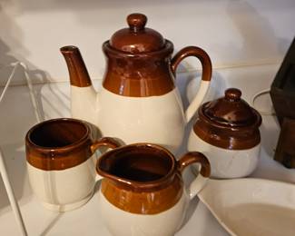 Vintage 1970s 1980s Stoneware Coffee Pot, Mug & Cream/Sugar Dark Medium Light Brown