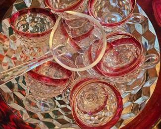 Vintage Whitehall Ruby Red Diamond Point Glass Punch Bowl & Cups 