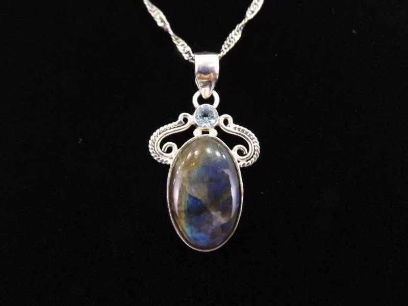 .925 Sterling Silver Faceted Topaz Labradorite Cabochon Pendant Necklace
