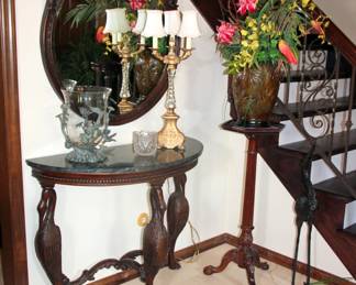 Marble Top Heron Carved Demilune Table