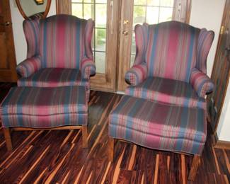 2 Drexel Wingback Chairs with Ottomans