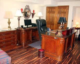 Executive Desk Set (Large Executive Desk with Matching Credenza and Horizontal File Cabinet, Leather Desk Chair)