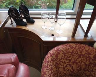 A Buffet Server Base and Wine Glasses, and Fancy Ladies Shoes, 